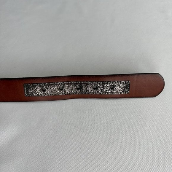 Small Metallic Bow Silver Buckle Brown Leather Belt Country Western Shimmer - Picture 5 of 5